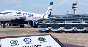 Aviation Unions Petition NSA, Seek Air Peace Prosecution Over Lagos Airport Taxiway Incident Air Peace aircraft at Murtala Muhammed International Airport, Lagos, amid aviation unions' petition over the alleged August 11, 2026, taxiway blockade.